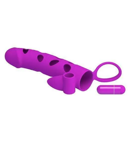 FUNDA CON VIBRACIÓN Y ANILLO PENEANO MORADA — foto 5